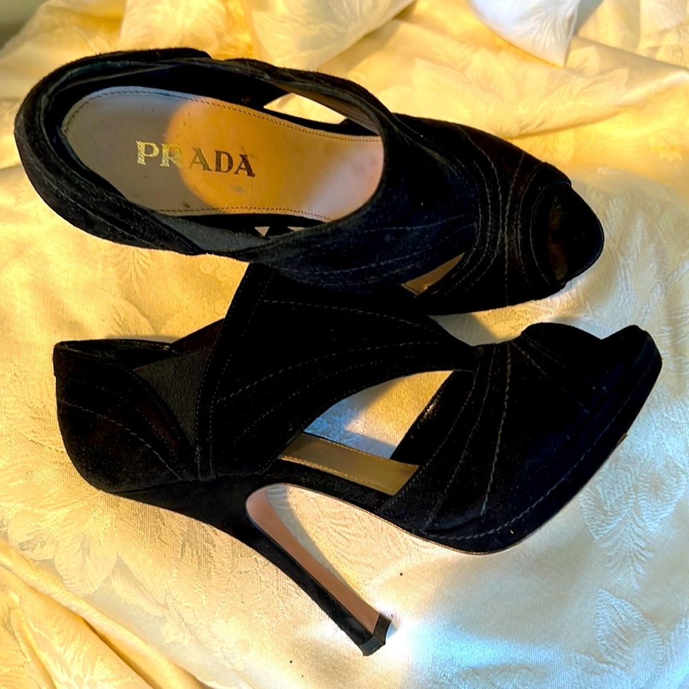 Prada shoes, black suede, 4 1/2 inch heel, half an inch platform. Size 7